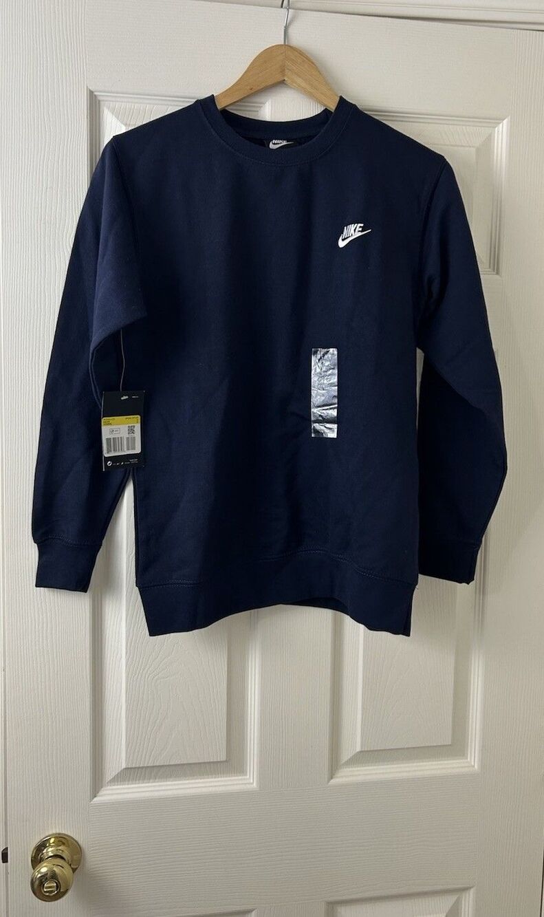 Nike Men’s Club Fleece Crew Obsidian White Pullover BV2662-410 Small Fast Ship - Picture 2 of 6